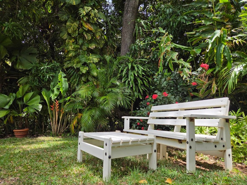 Banc et table blancs entourés d'ixoras rouges dans le Jardin de Beauvallon